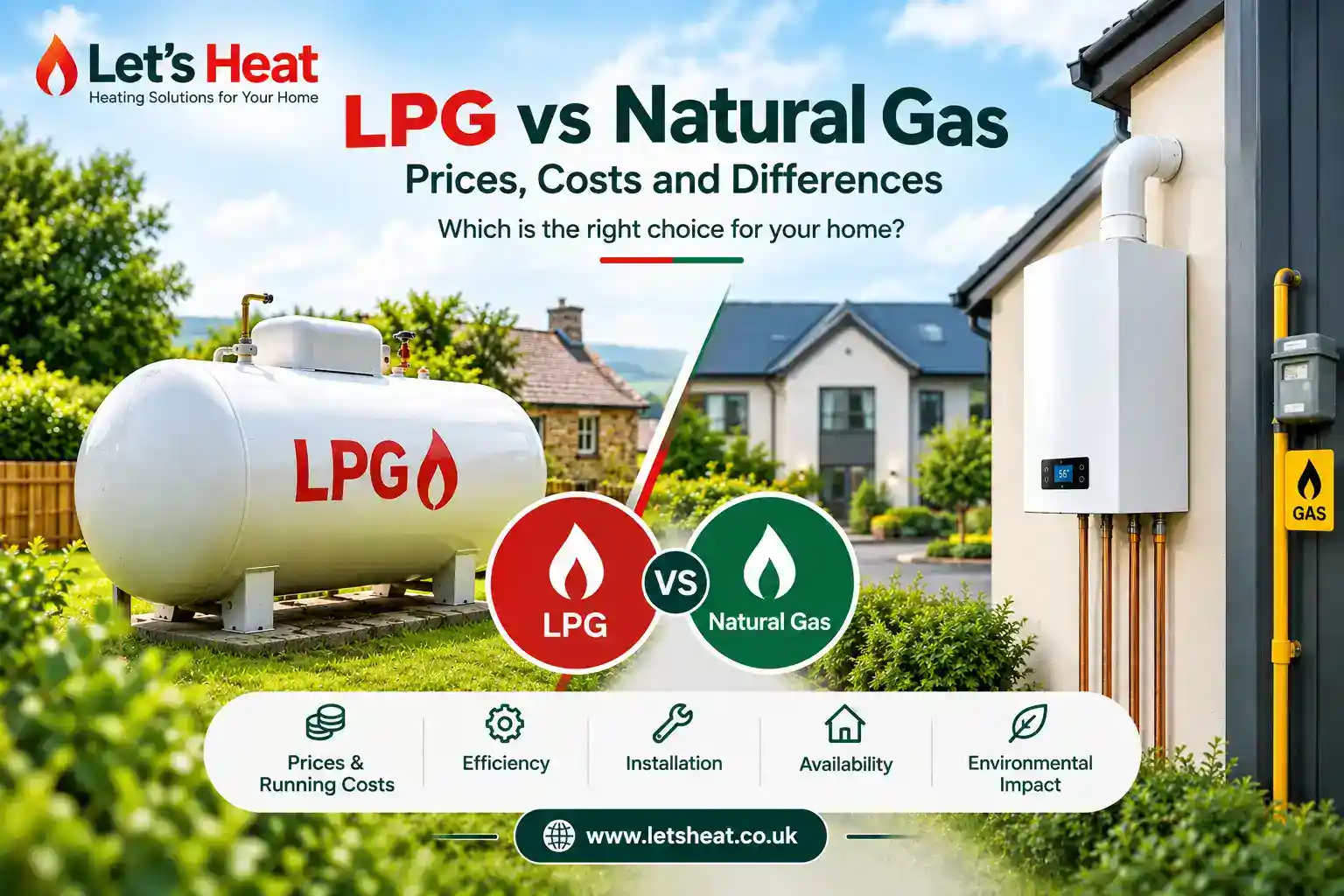 LPG vs natural gas in the UK showing an LPG tank and natural gas boiler